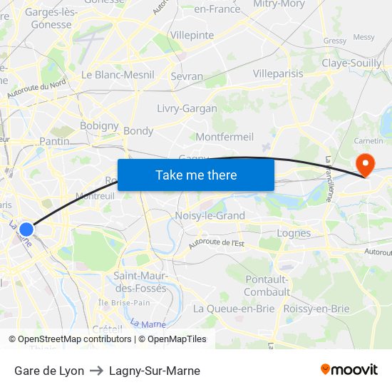 Gare de Lyon to Lagny-Sur-Marne map