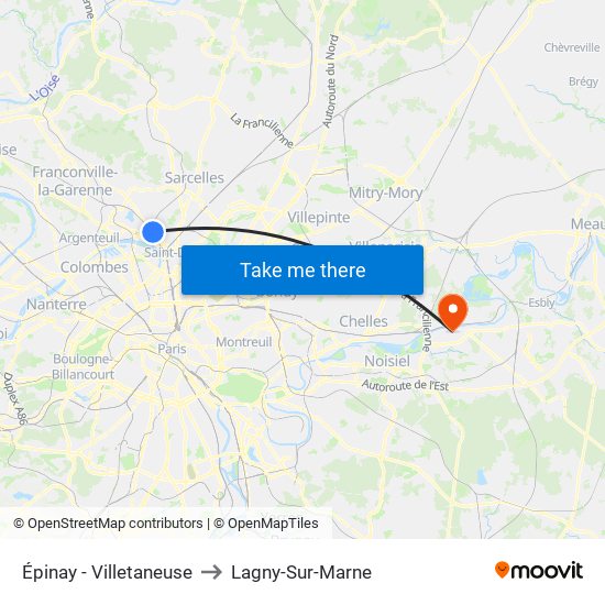 Épinay - Villetaneuse to Lagny-Sur-Marne map