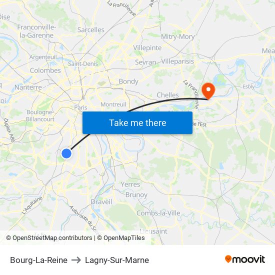 Bourg-La-Reine to Lagny-Sur-Marne map
