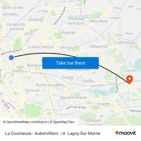La Courneuve - Aubervilliers to Lagny-Sur-Marne map