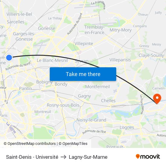 Saint-Denis - Université to Lagny-Sur-Marne map