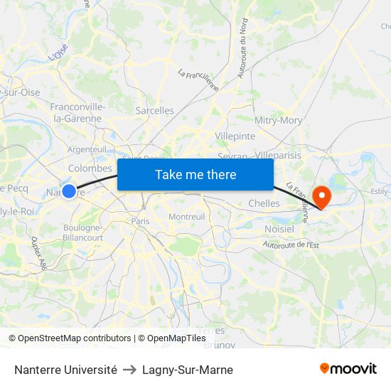 Nanterre Université to Lagny-Sur-Marne map
