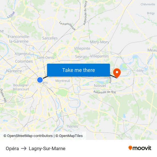 Opéra to Lagny-Sur-Marne map