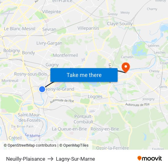 Neuilly-Plaisance to Lagny-Sur-Marne map