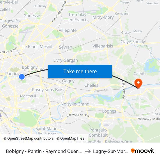 Bobigny - Pantin - Raymond Queneau to Lagny-Sur-Marne map