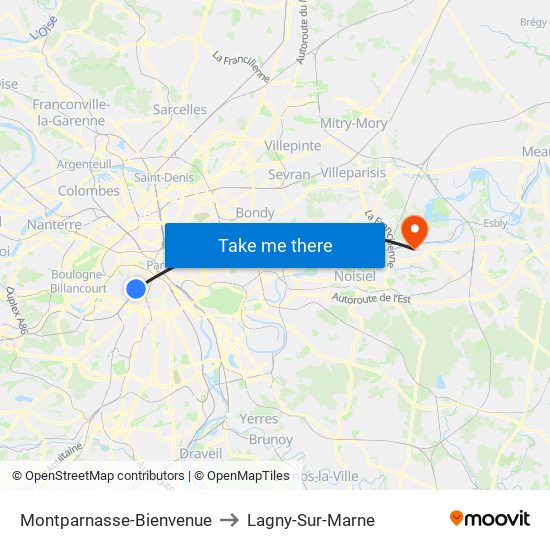 Montparnasse-Bienvenue to Lagny-Sur-Marne map