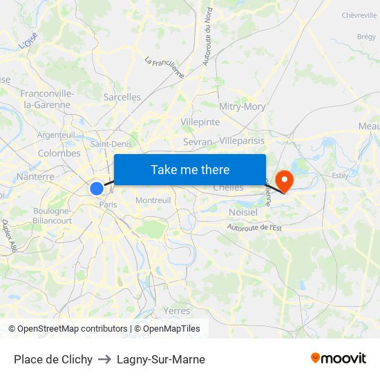 Place de Clichy to Lagny-Sur-Marne map