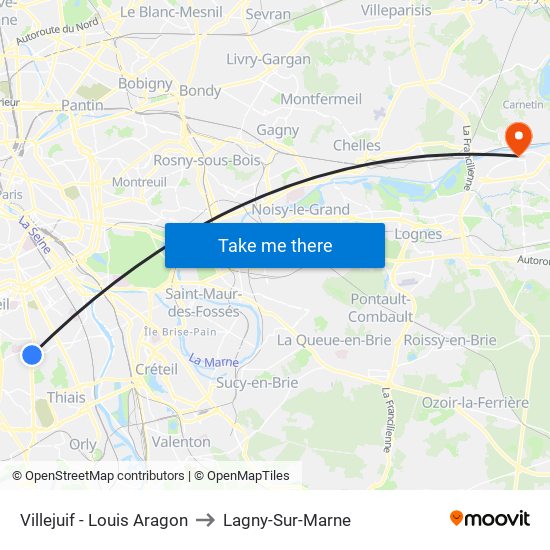 Villejuif - Louis Aragon to Lagny-Sur-Marne map