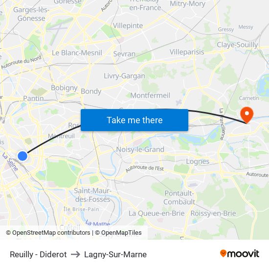 Reuilly - Diderot to Lagny-Sur-Marne map