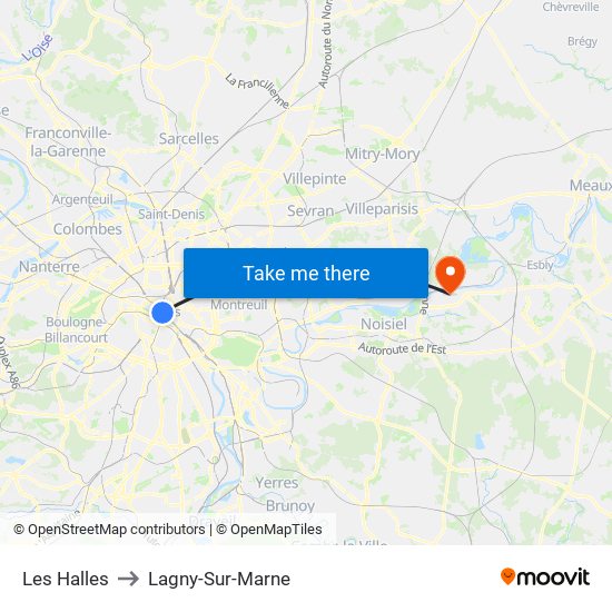 Les Halles to Lagny-Sur-Marne map