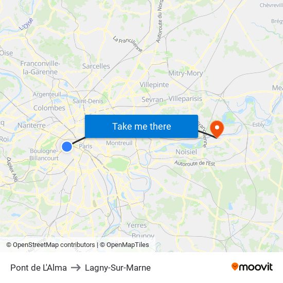 Pont de L'Alma to Lagny-Sur-Marne map