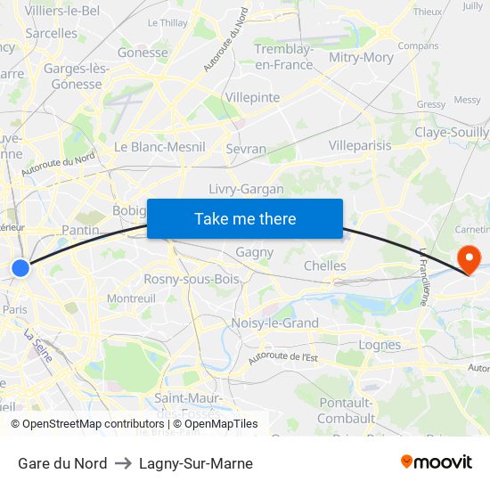 Gare du Nord to Lagny-Sur-Marne map