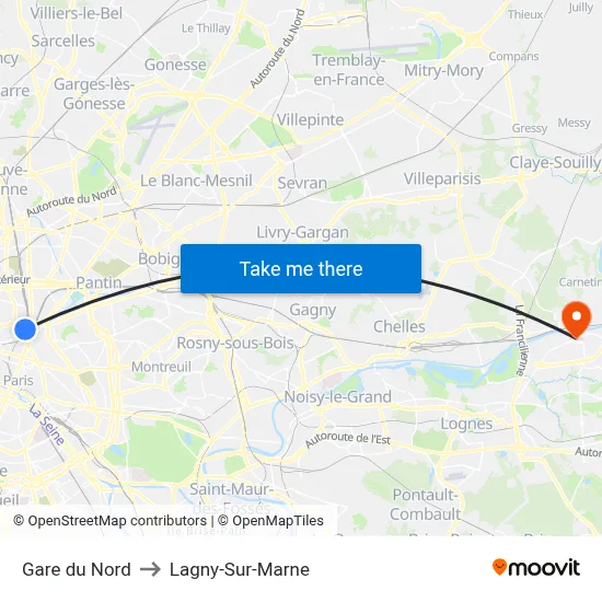 Gare du Nord to Lagny-Sur-Marne map