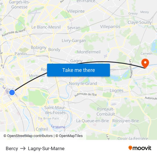 Bercy to Lagny-Sur-Marne map