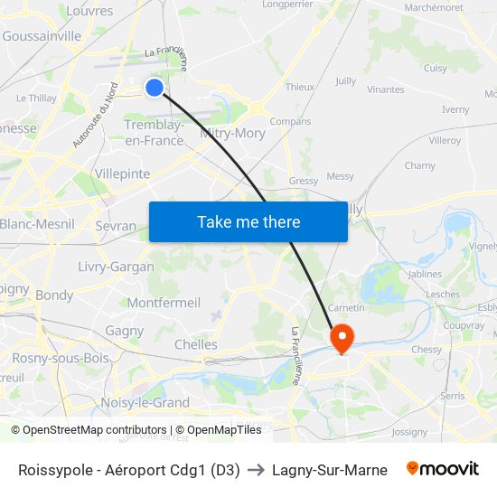 Roissypole - Aéroport Cdg1 (D3) to Lagny-Sur-Marne map