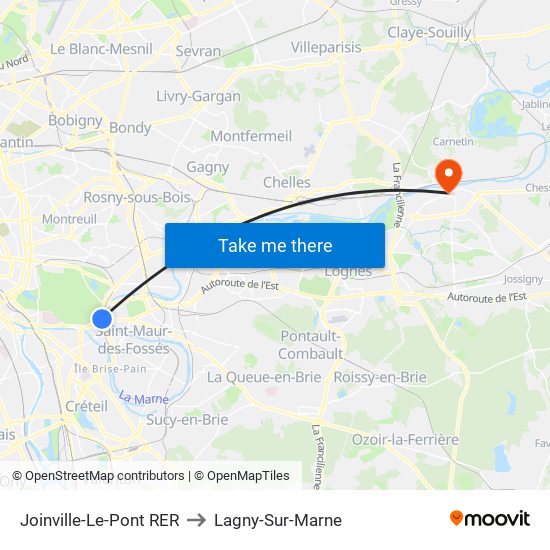 Joinville-Le-Pont RER to Lagny-Sur-Marne map