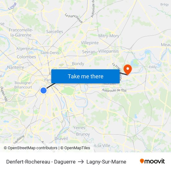 Denfert-Rochereau - Daguerre to Lagny-Sur-Marne map