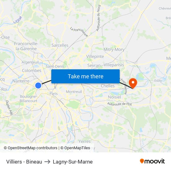Villiers - Bineau to Lagny-Sur-Marne map