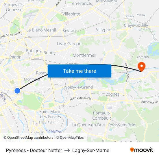 Pyrénées - Docteur Netter to Lagny-Sur-Marne map