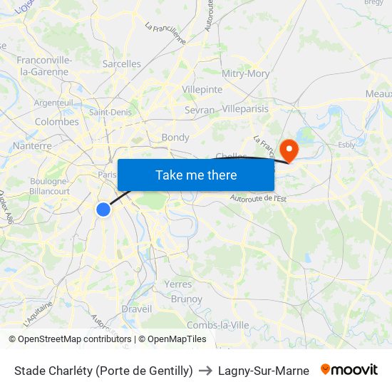 Stade Charléty (Porte de Gentilly) to Lagny-Sur-Marne map