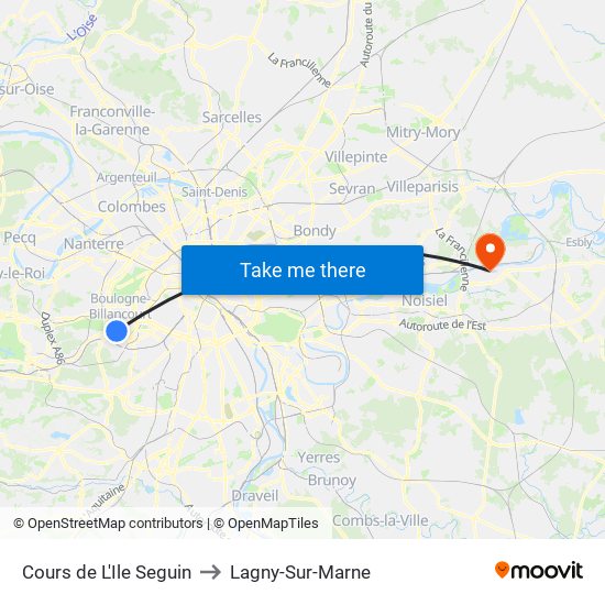 Cours de L'Ile Seguin to Lagny-Sur-Marne map