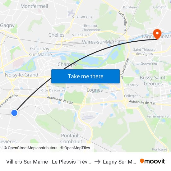 Villiers-Sur-Marne - Le Plessis-Trévise RER to Lagny-Sur-Marne map