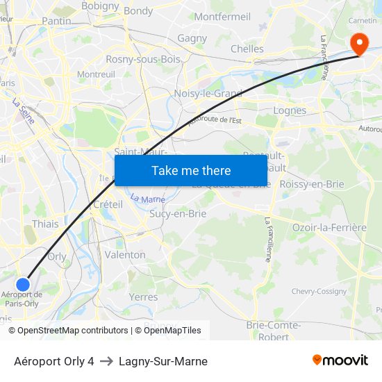 Aéroport Orly 4 to Lagny-Sur-Marne map