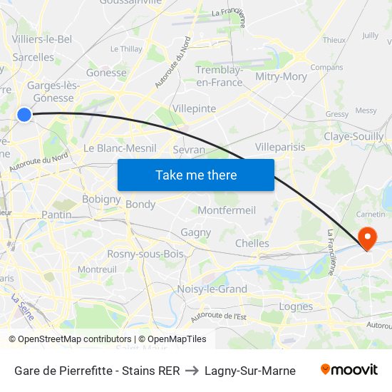 Gare de Pierrefitte - Stains RER to Lagny-Sur-Marne map