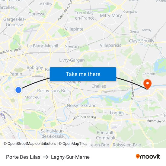 Porte Des Lilas to Lagny-Sur-Marne map