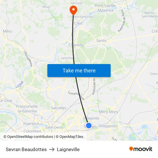 Sevran Beaudottes to Laigneville map