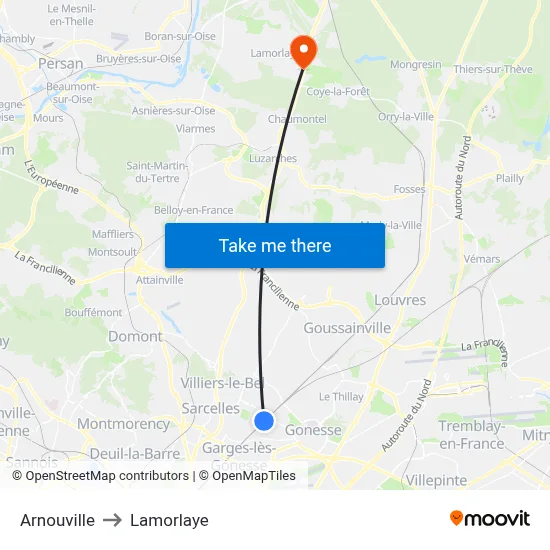 Arnouville to Lamorlaye map
