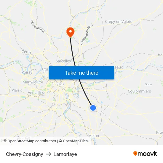 Chevry-Cossigny to Lamorlaye map