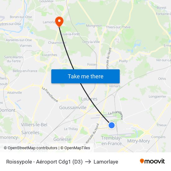 Roissypole - Aéroport Cdg1 (D3) to Lamorlaye map