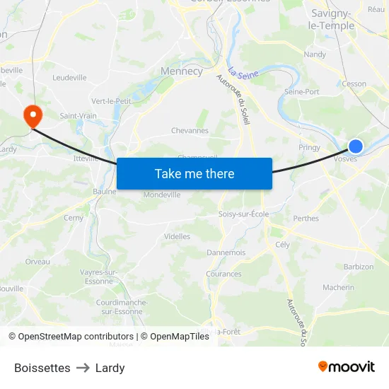 Boissettes to Lardy map