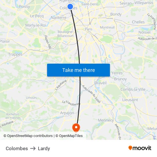 Colombes to Lardy map