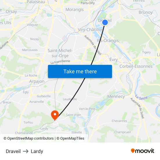 Draveil to Lardy map
