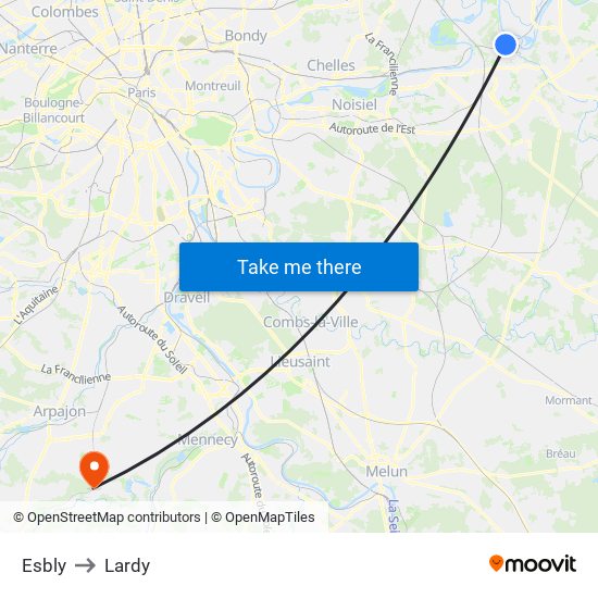 Esbly to Lardy map