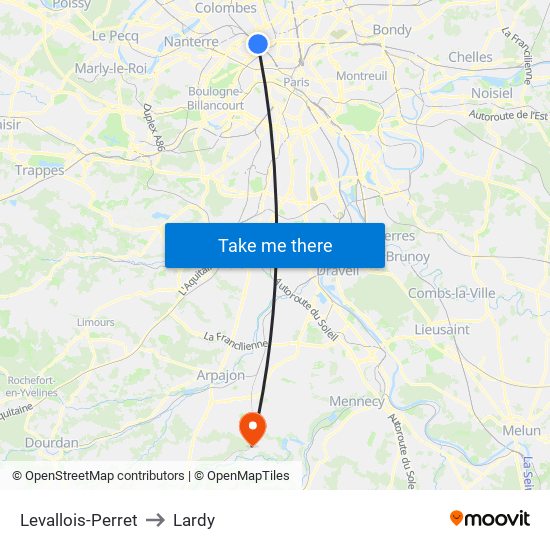 Levallois-Perret to Lardy map