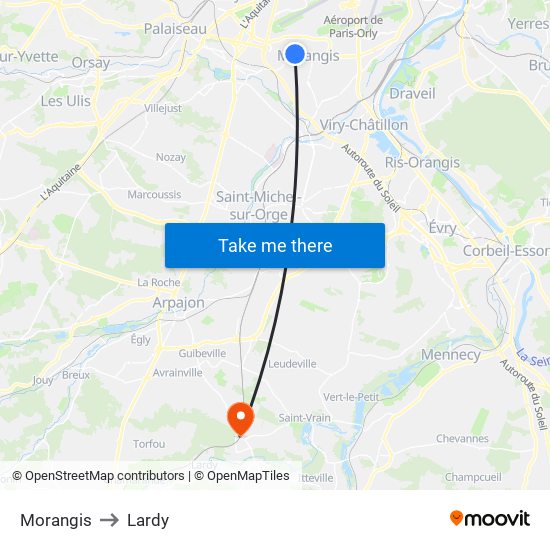 Morangis to Lardy map