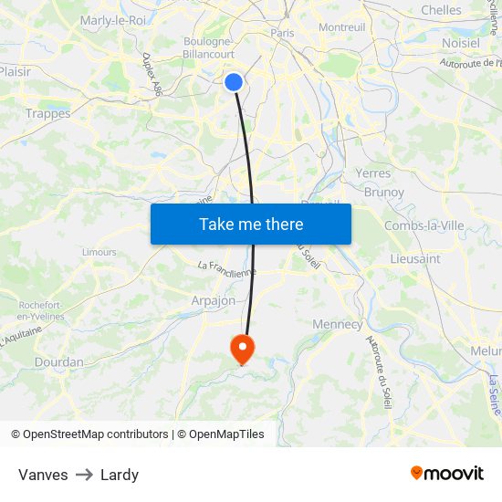 Vanves to Lardy map