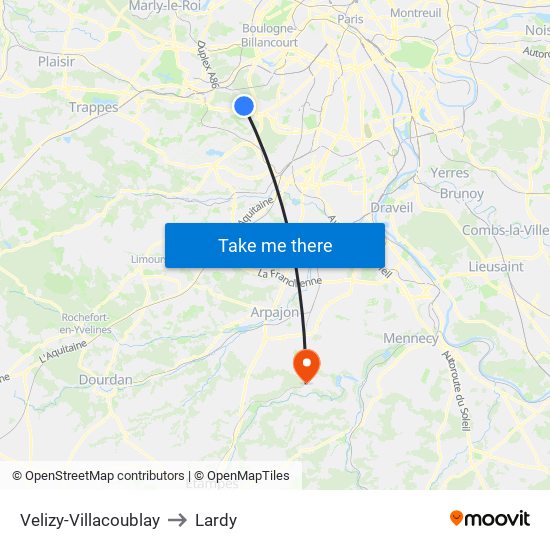 Velizy-Villacoublay to Lardy map