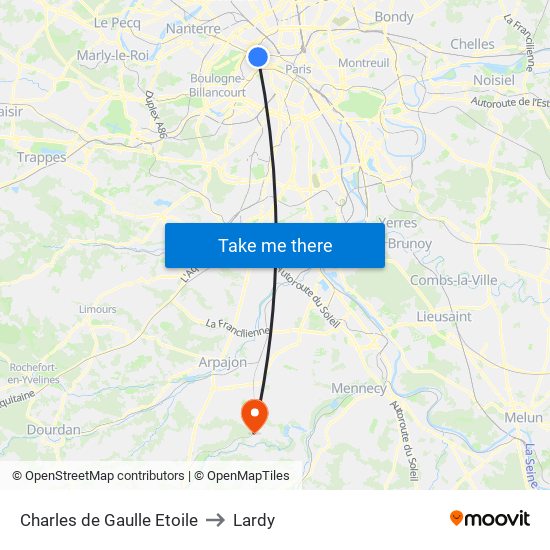Charles de Gaulle Etoile to Lardy map