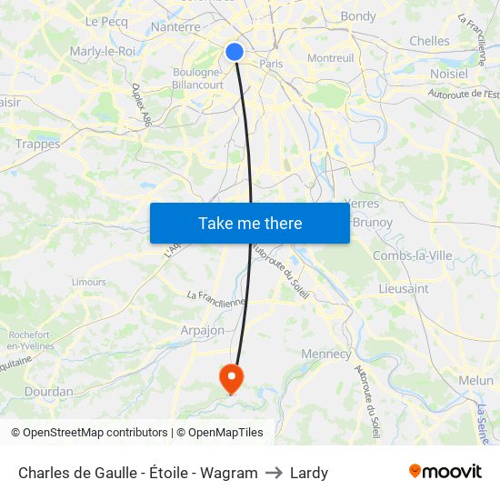 Charles de Gaulle - Étoile - Wagram to Lardy map