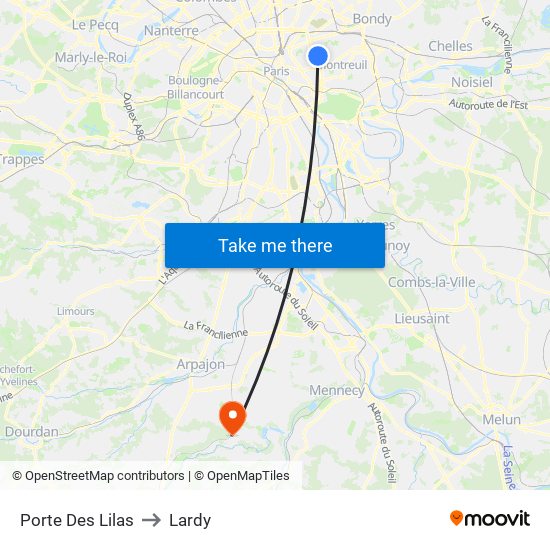 Porte Des Lilas to Lardy map