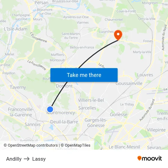 Andilly to Lassy map