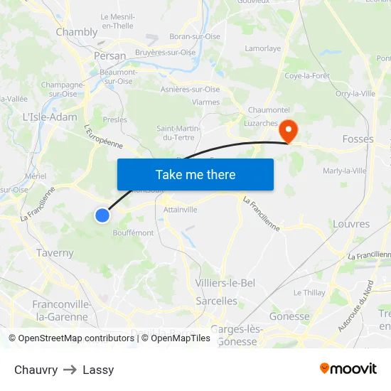 Chauvry to Lassy map