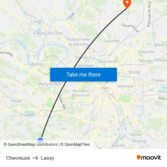 Chevreuse to Lassy map