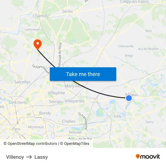 Villenoy to Lassy map