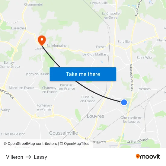 Villeron to Lassy map