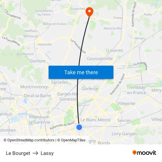 Le Bourget to Lassy map